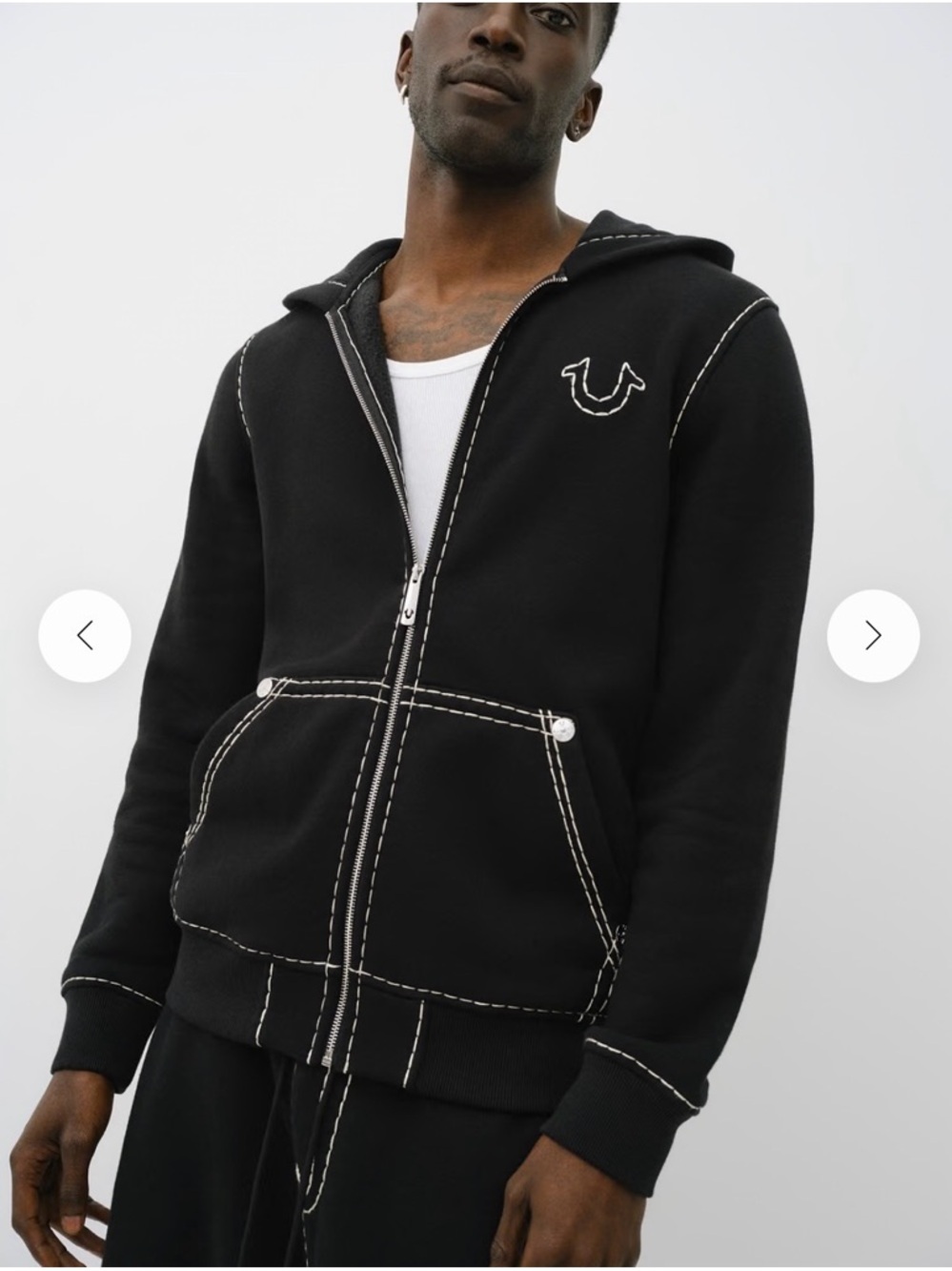 True Religion Big T Black Zip-Up Hoodie with White Contrast Stitching